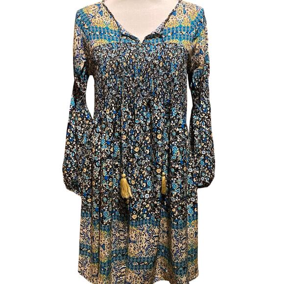 Boho Fairy Cottage One World Smocked top print dress Size Small Tassels - Picture 1 of 6